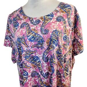 Lulu B Womens Beach Top Sz 3X Pink Seahorse Print Tunic Cut Out Sleeve Tee Shirt